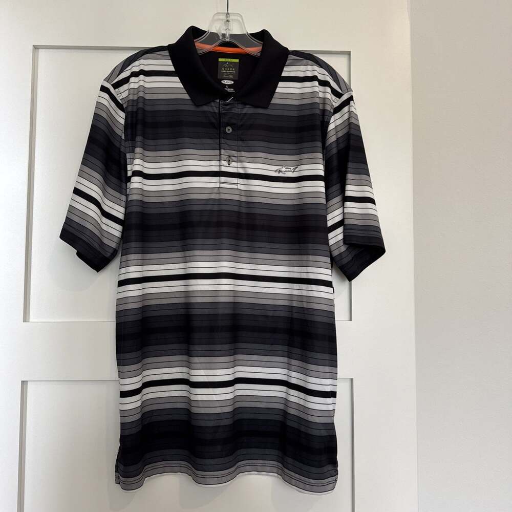 Greg Norman Golf Shirt Tasso Elba Black Gray White Large Slim Fit Play Dry Mens
